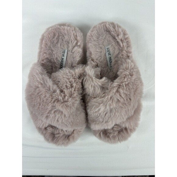 Steve Madden Furry Slippers Pink Blush Size 7 Size 8 Fuzzy Faux Fur Criss Cross - Picture 2 of 9